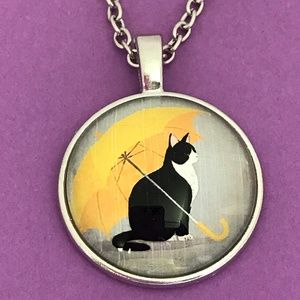 Cat Under Yellow Umbrella Silver Tone Necklace